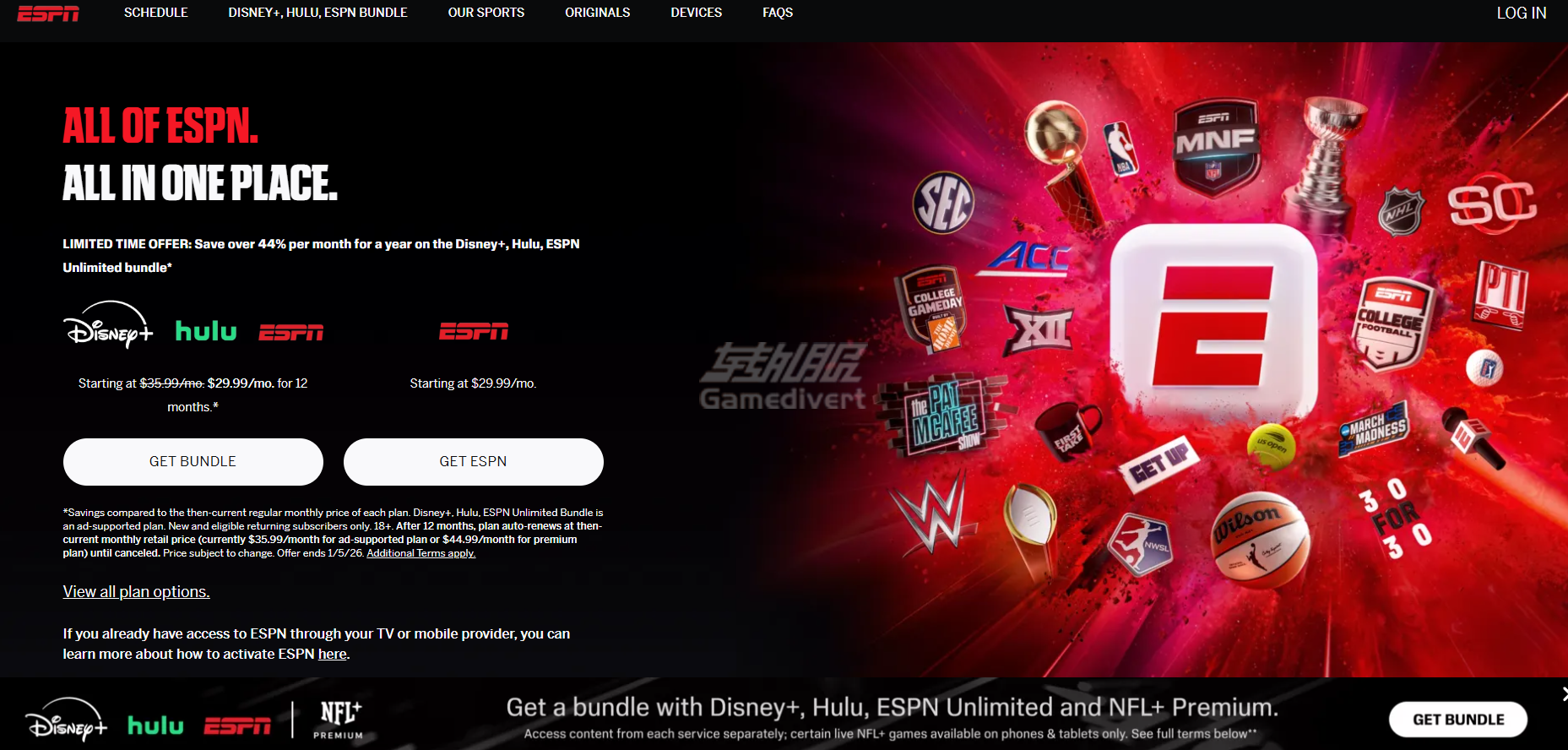 访问ESPN+网站 ESPN,ESPN+,ESPN+共享账号,ESPN+订阅,ESPN+内容,ESPN与ESPN+区别,Hulu + Live TV,ESPN3,ESPNU,ABC频道,体育赛事直播,英格兰足球联赛,Disney+捆绑包,如何观看ESPN,ESPN+月费,ESPN+设备支持